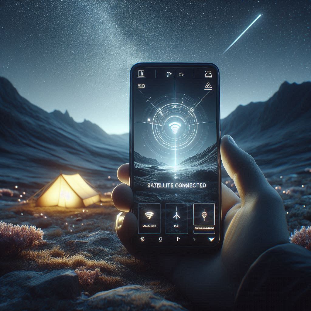 Smartphone connecting to Starlink Direct-to-Cell satellites in a remote area without cell towers.