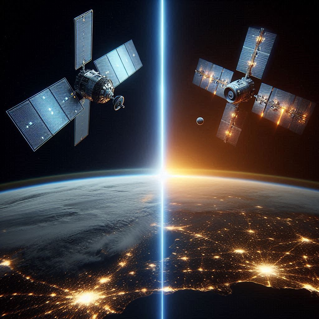 Comparison illustration of Starlink vs Project Kuiper 2026 satellites orbiting Earth, showing SpaceX blue laser links and Amazon orange network coverage.
