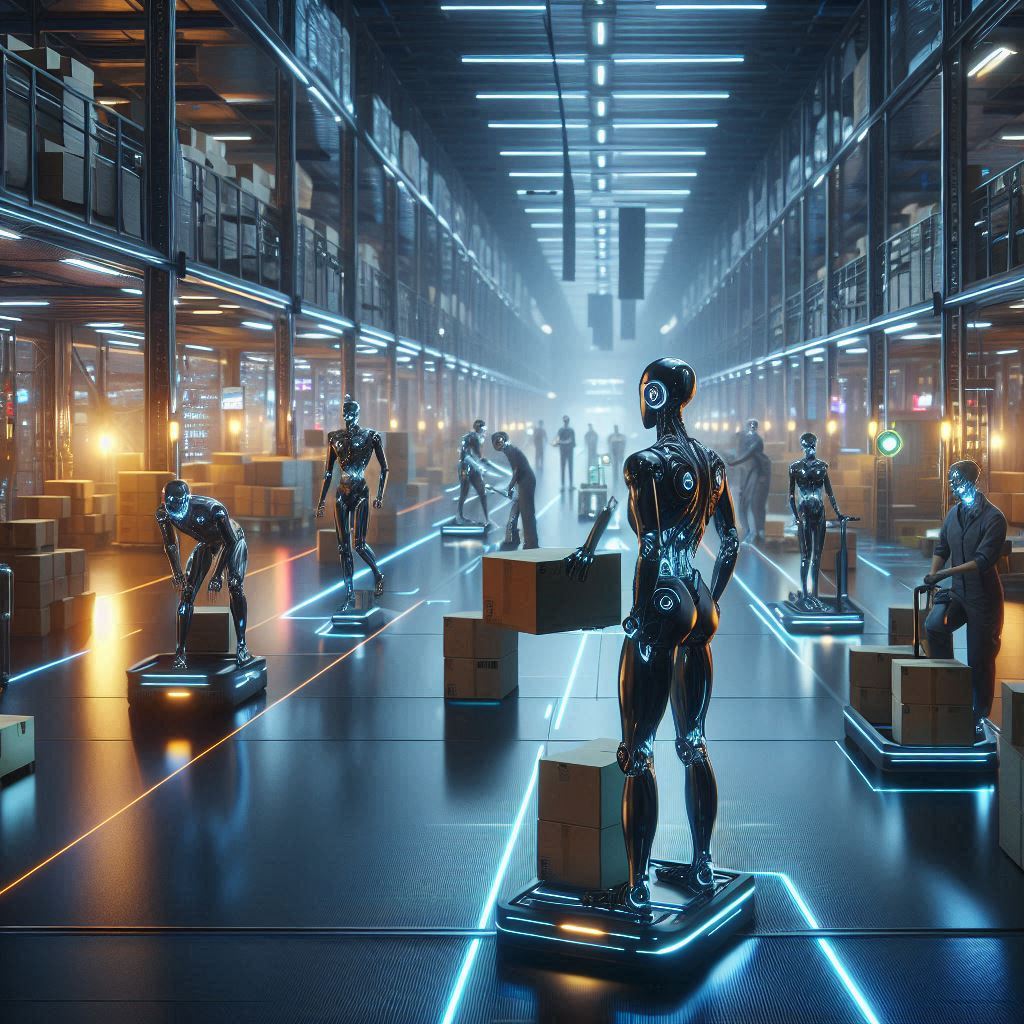 2026 humanoid robots working in a smart logistics warehouse.