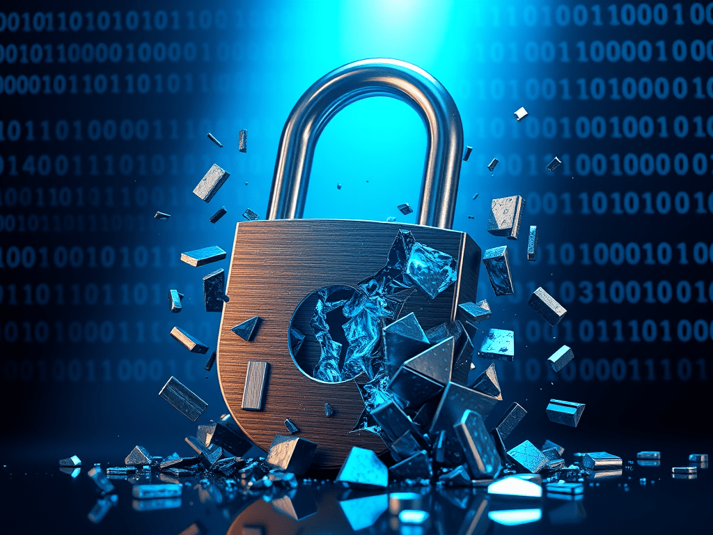 Post-quantum cryptography concept showing RSA encryption breaking under quantum computing power