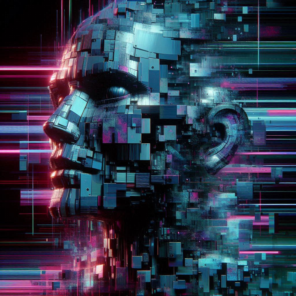 A distorted digital illustration showing an AI face degrading through repeated copying, representing AI model collapse.