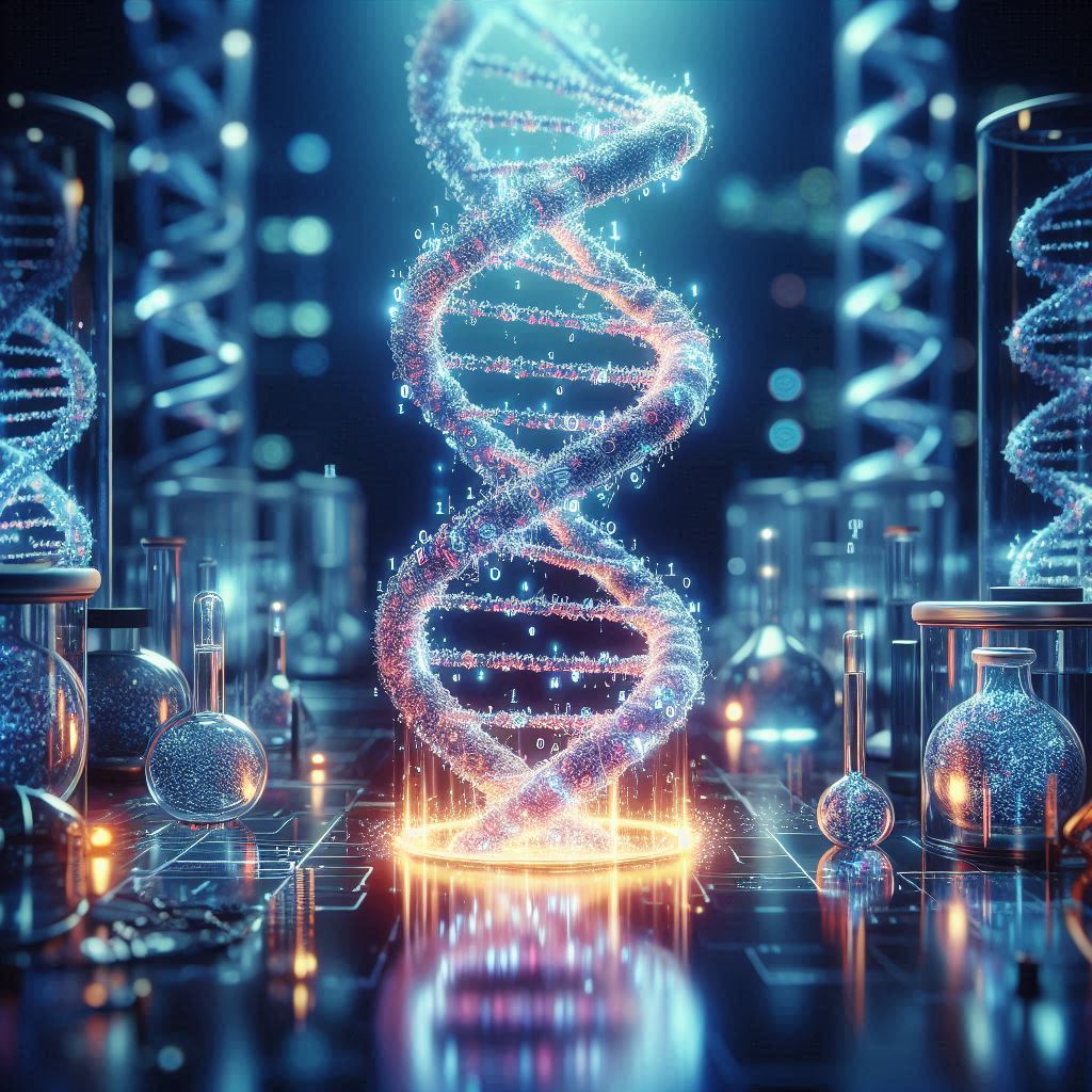 3D illustration of a DNA strand encoding digital data, representing DNA data storage technology.