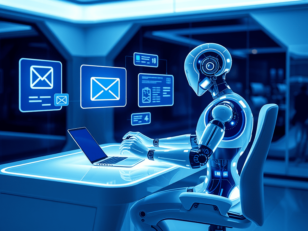 Futuristic personal AI agent managing digital tasks and workflow automation