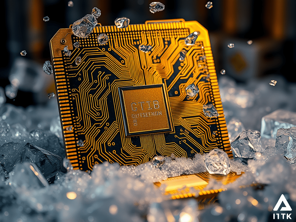 Close up of quantum processor chip representing quantum utility and computing power