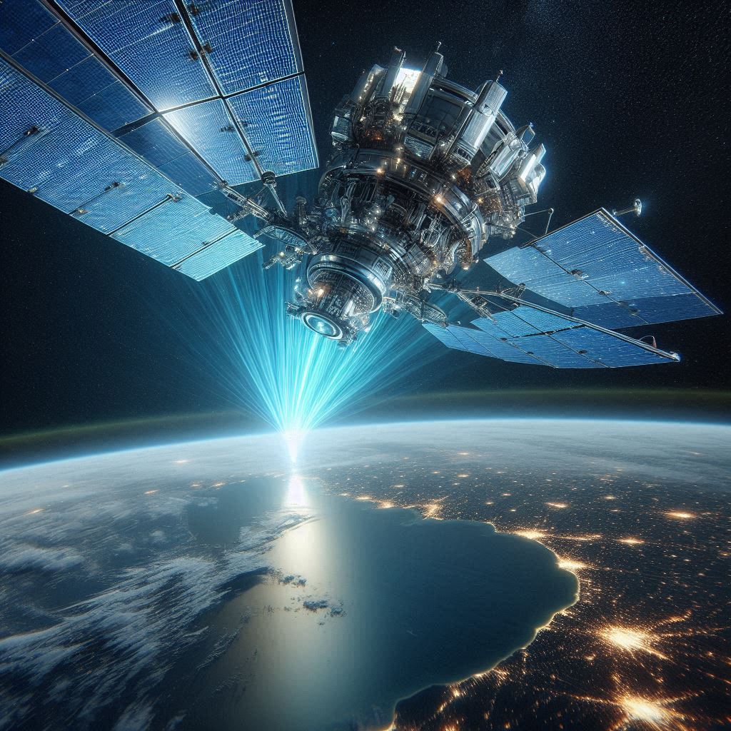 A concept of Space-Based Solar Power (SBSP) satellite transmitting wireless energy to Earth.