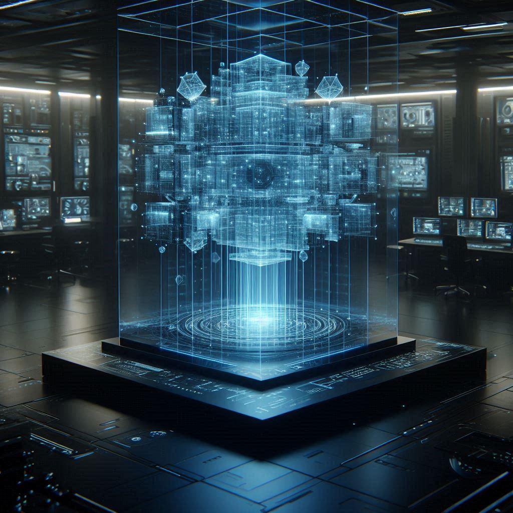 Volumetric display technology projecting a 3D architectural model in mid-air using ionized air voxels without glasses.