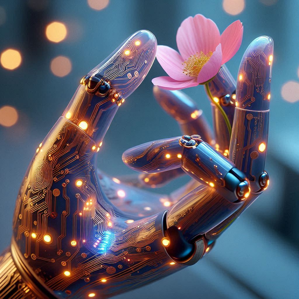 A close-up of a robotic hand covered in a transparent, glowing flexible electronic skin, touching a delicate flower petal to demonstrate sensitivity.