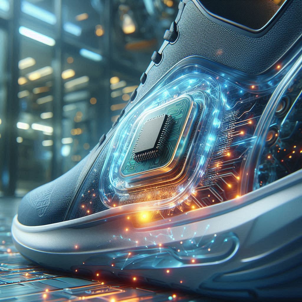 Energy harvesting concept showing a microchip collecting kinetic energy from motion.