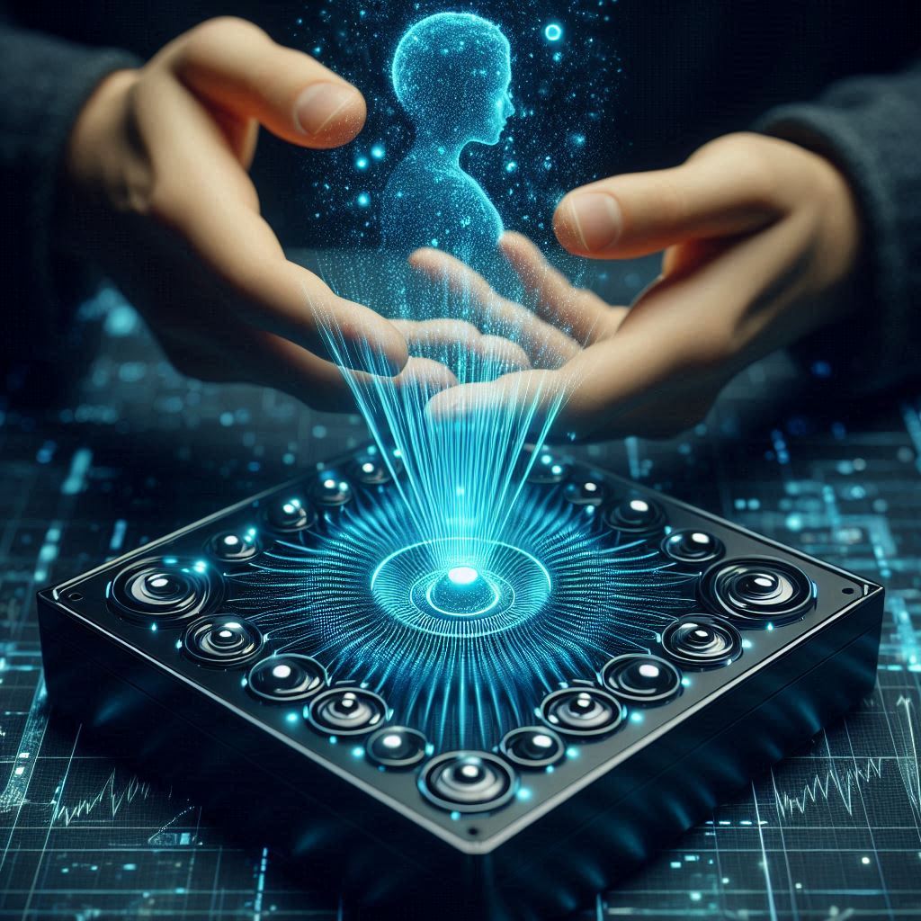 A human hand feeling invisible shapes in mid-air generated by an array of ultrasound transducers, visualizing sound waves as blue ripples.