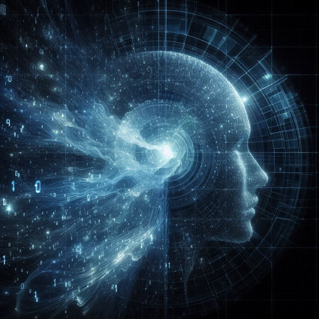 Abstract visualization of human consciousness data being uploaded to a cloud network, representing the concept of digital immortality technology.