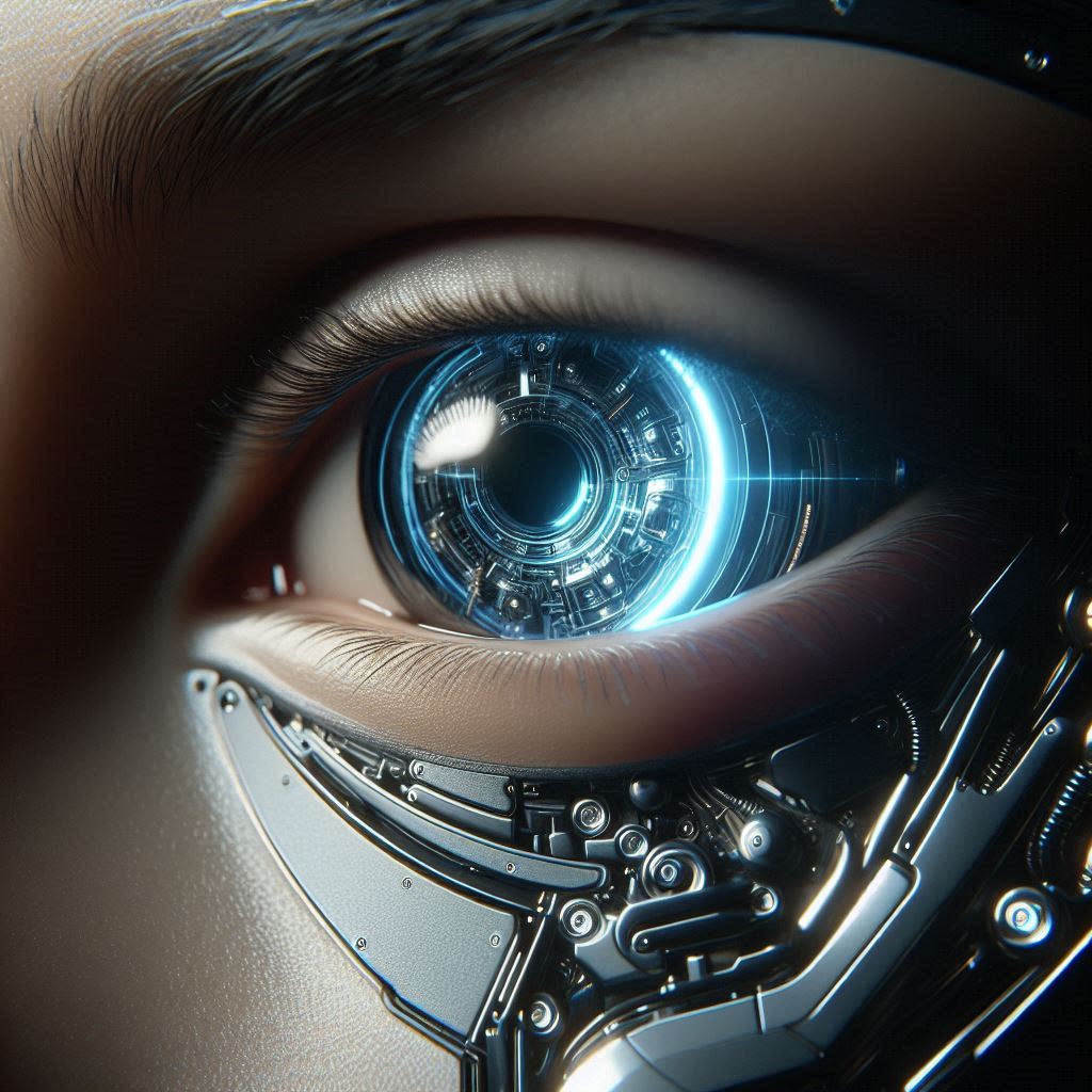 Futuristic bionic eye technology replacing human vision with a glowing mechanical iris