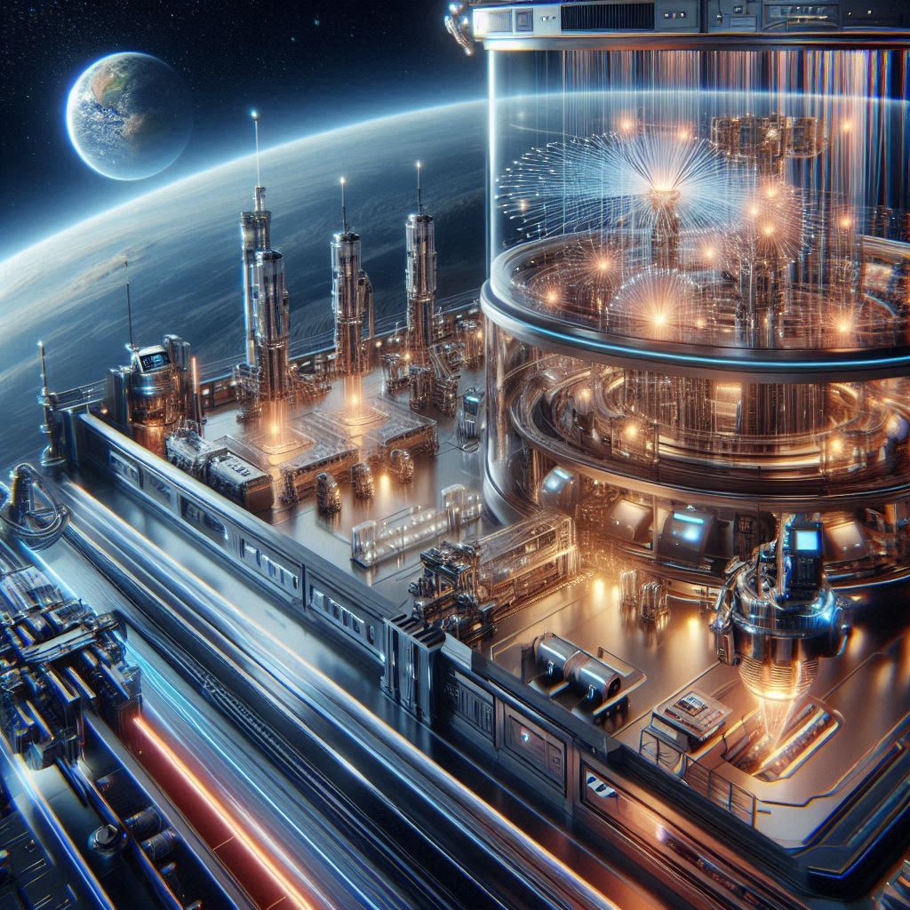 futuristic in-space manufacturing factory orbit earth zero gravity production