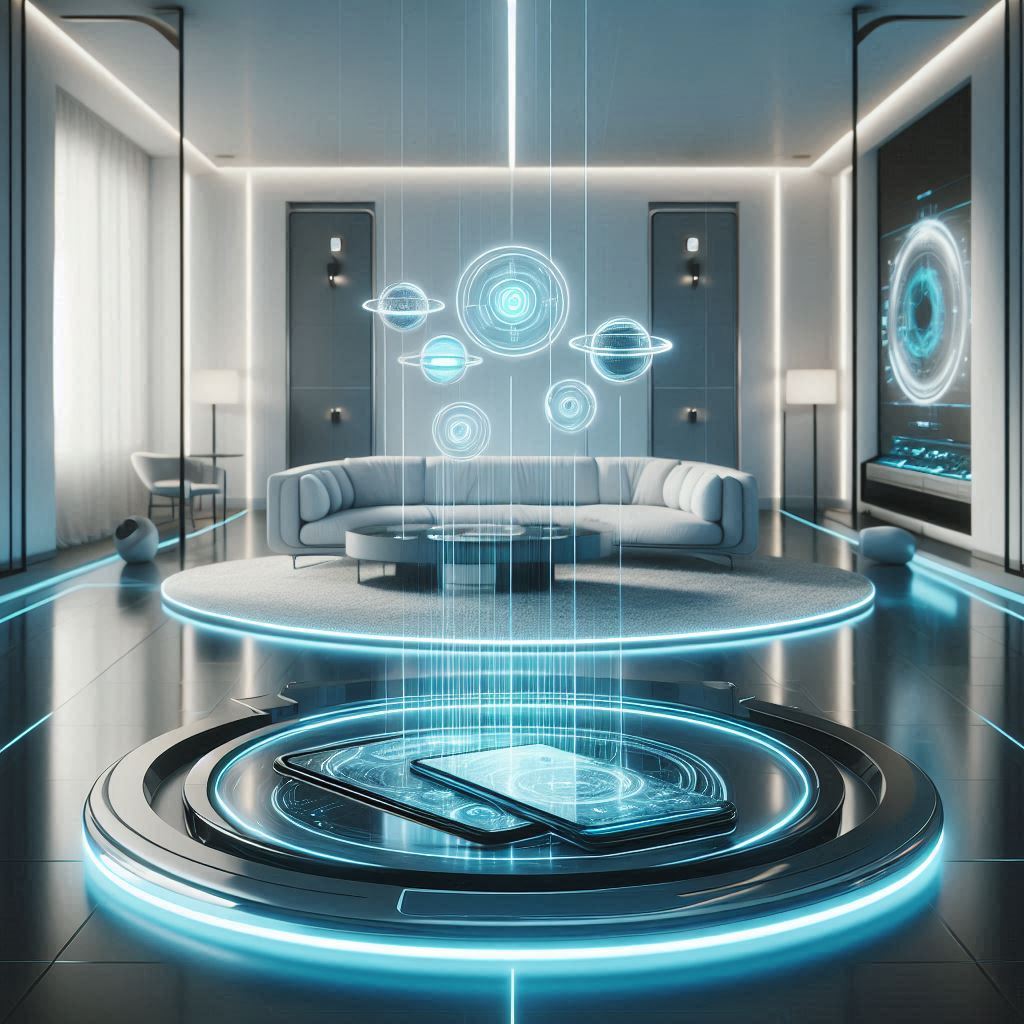 Wireless power transmission concept showing energy waves charging a smartphone and laptop in a futuristic living room without cables.