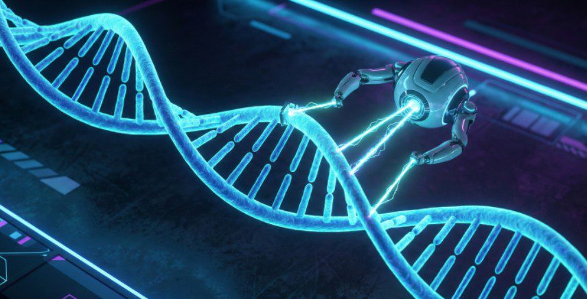 A 3D illustration of Gene Editing Technology modifying a DNA strand using CRISPR-Cas9 precision tools.