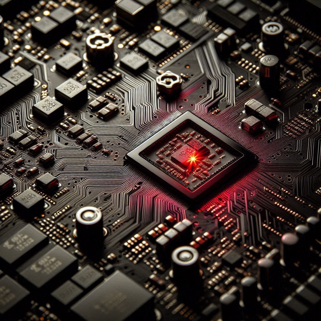 Close-up of a black GPU circuit board with a bright red LED error light glowing intensely.