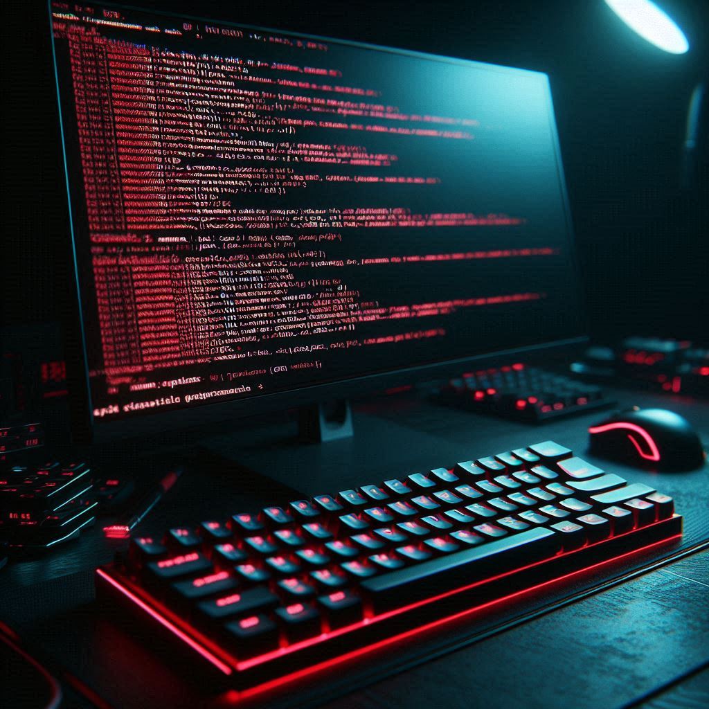 A computer monitor showing red command prompt compilation errors in a dark tech environment