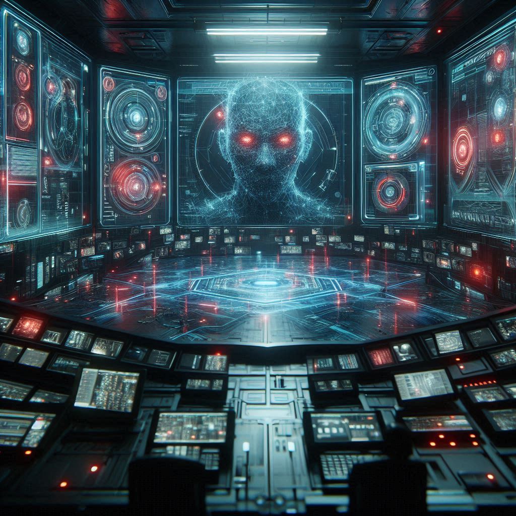 Futuristic control room displaying predictive surveillance AI algorithms and global threat monitoring systems in a cyberpunk setting.