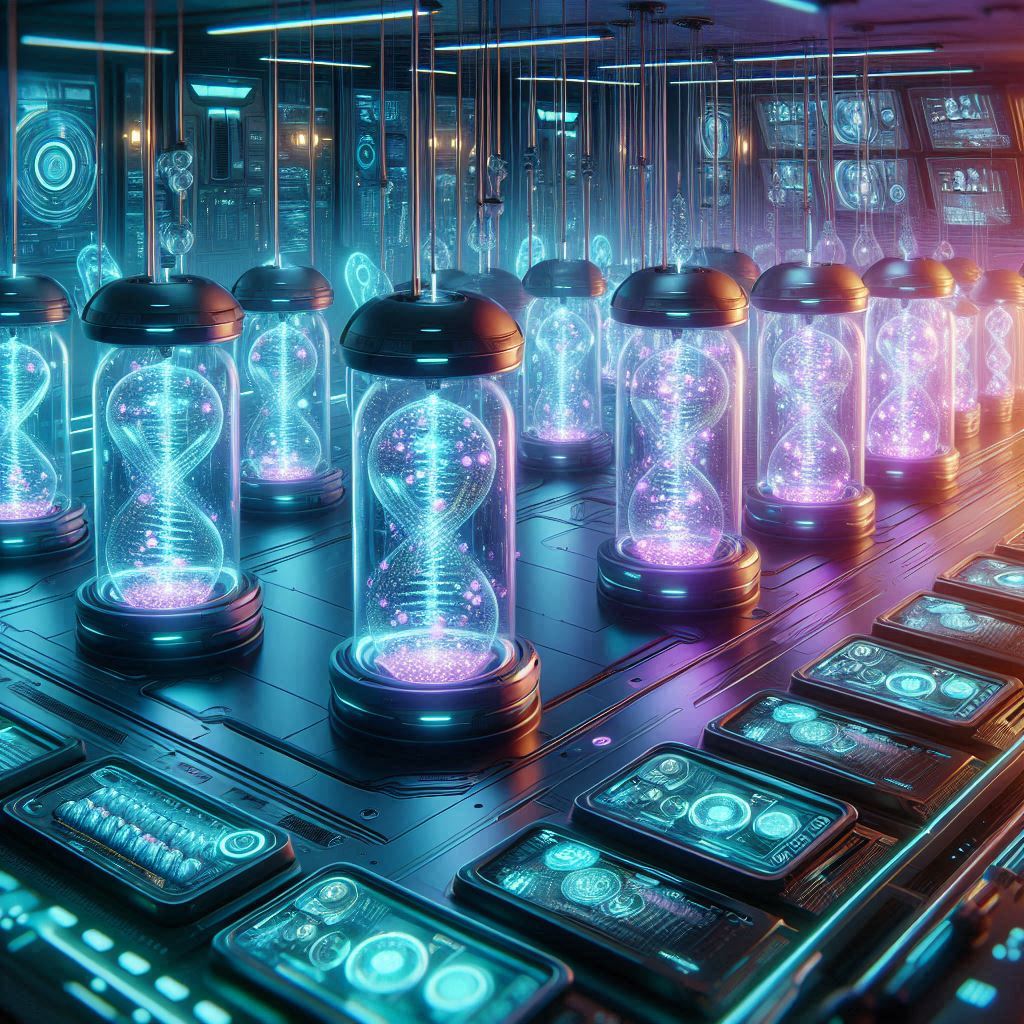 Futuristic bio-synthetic incubation pods representing Artificial Wombs Technology in a high-tech medical laboratory.