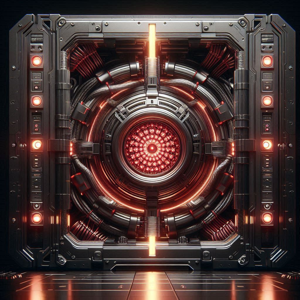 AGI containment protocols securing a highly advanced artificial intelligence core inside a titanium vault.