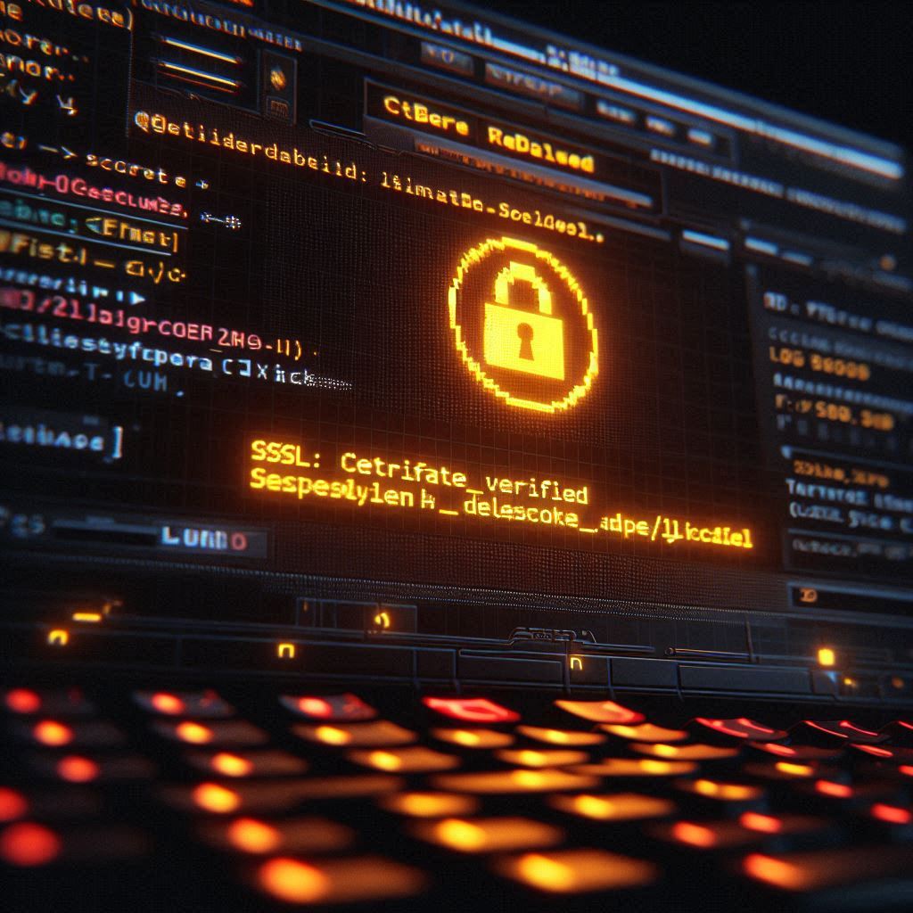 An ultra-detailed macro photograph of a dark computer monitor displaying a bright yellow and red terminal error message reading SSL CERTIFICATE VERIFY FAILED.