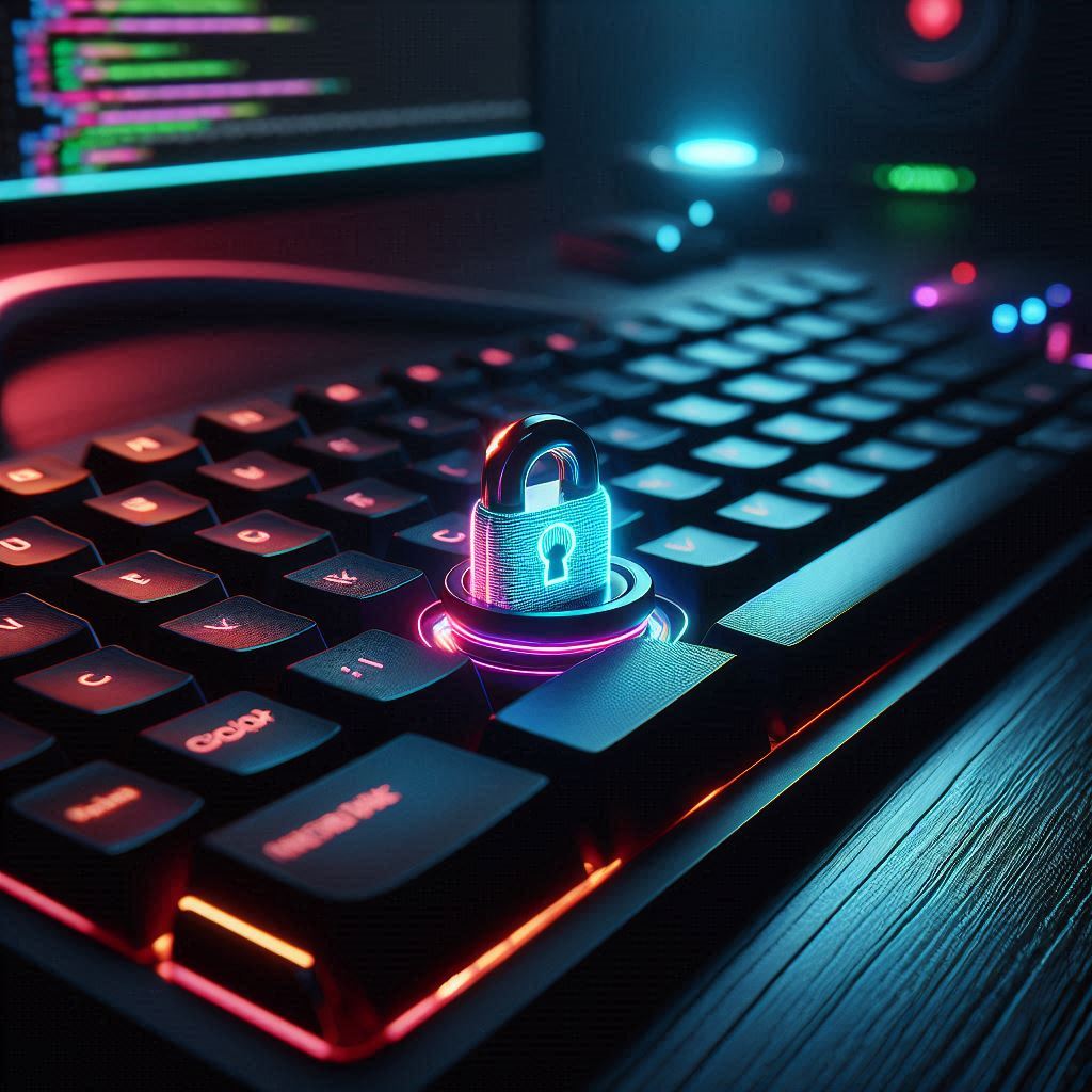 A highly detailed macro shot of a glowing mechanical keyboard and a blurred dark-themed monitor showing a holographic padlock indicating an access denied error.