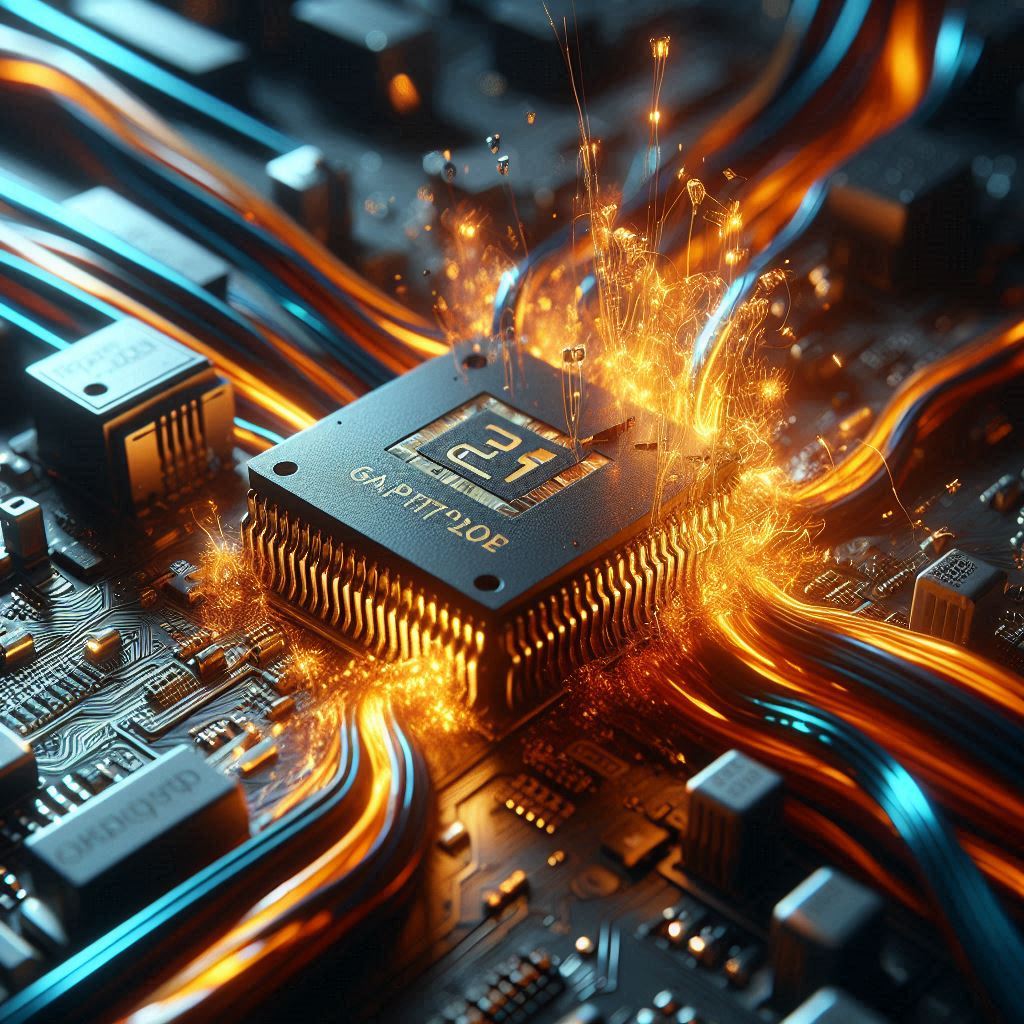 Shattered golden microchip emitting orange sparks on a dark motherboard representing AutoGPTQ installation error.