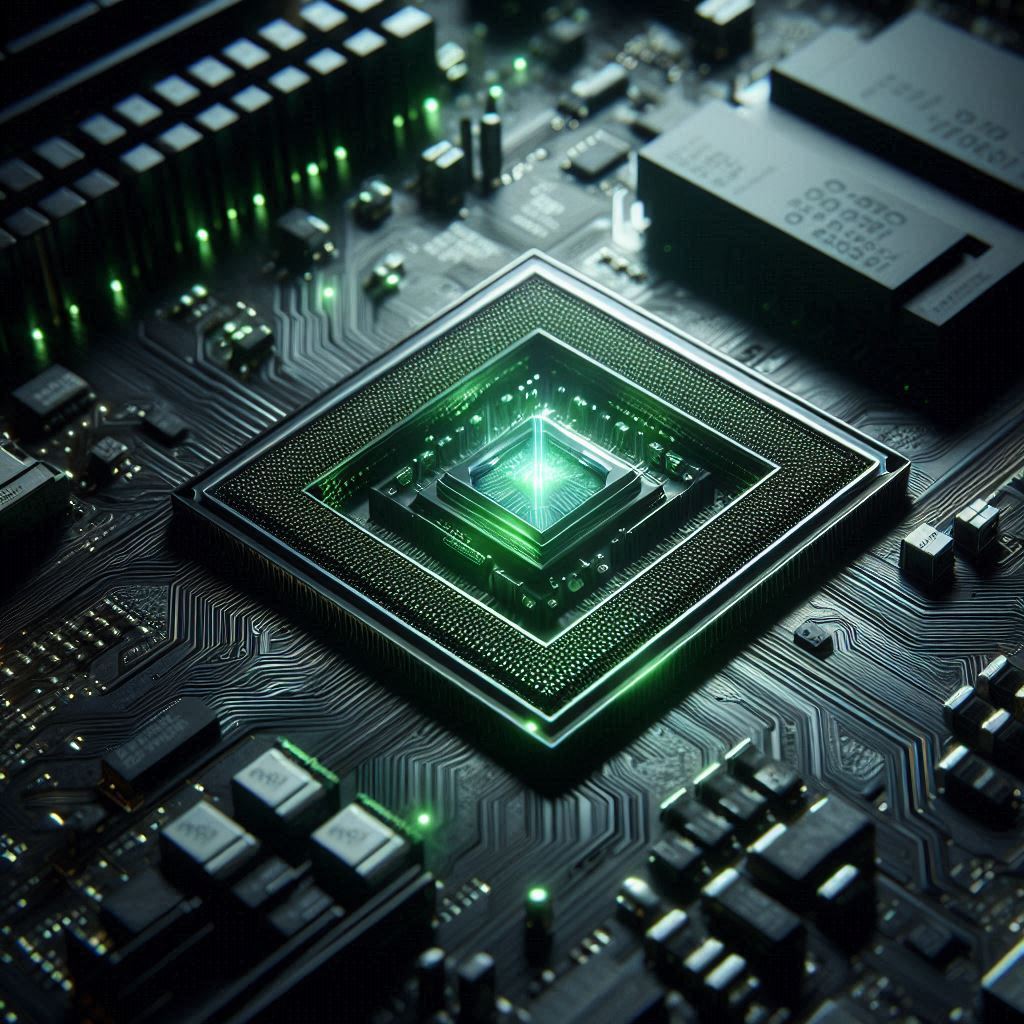 Silicon GPU microchip glowing with neon green energy on a dark motherboard.
