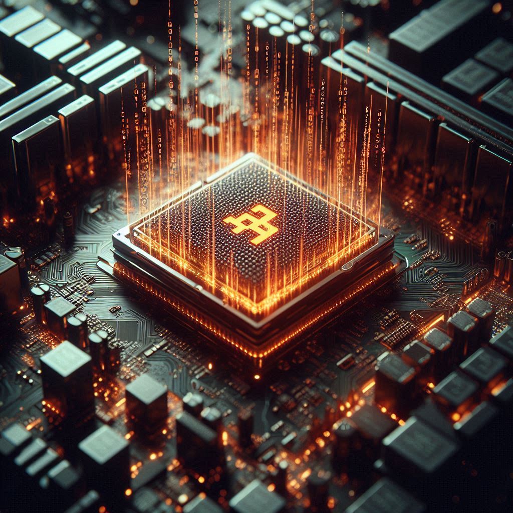 Glowing orange Rust logo hologram over a computer processor representing tokenizers wheel error