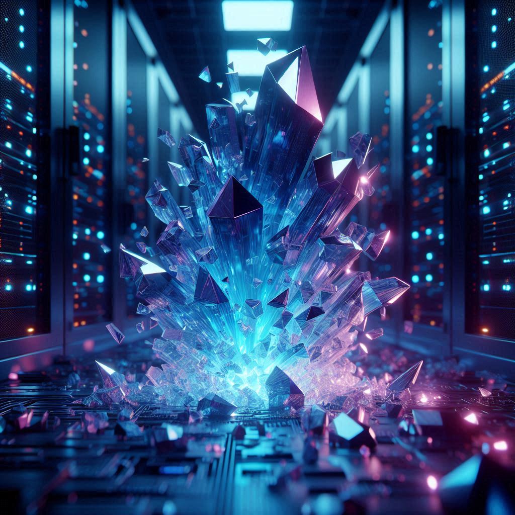 A glowing blue crystal shattering into geometric pieces representing fragmented quantization data in a dark server room