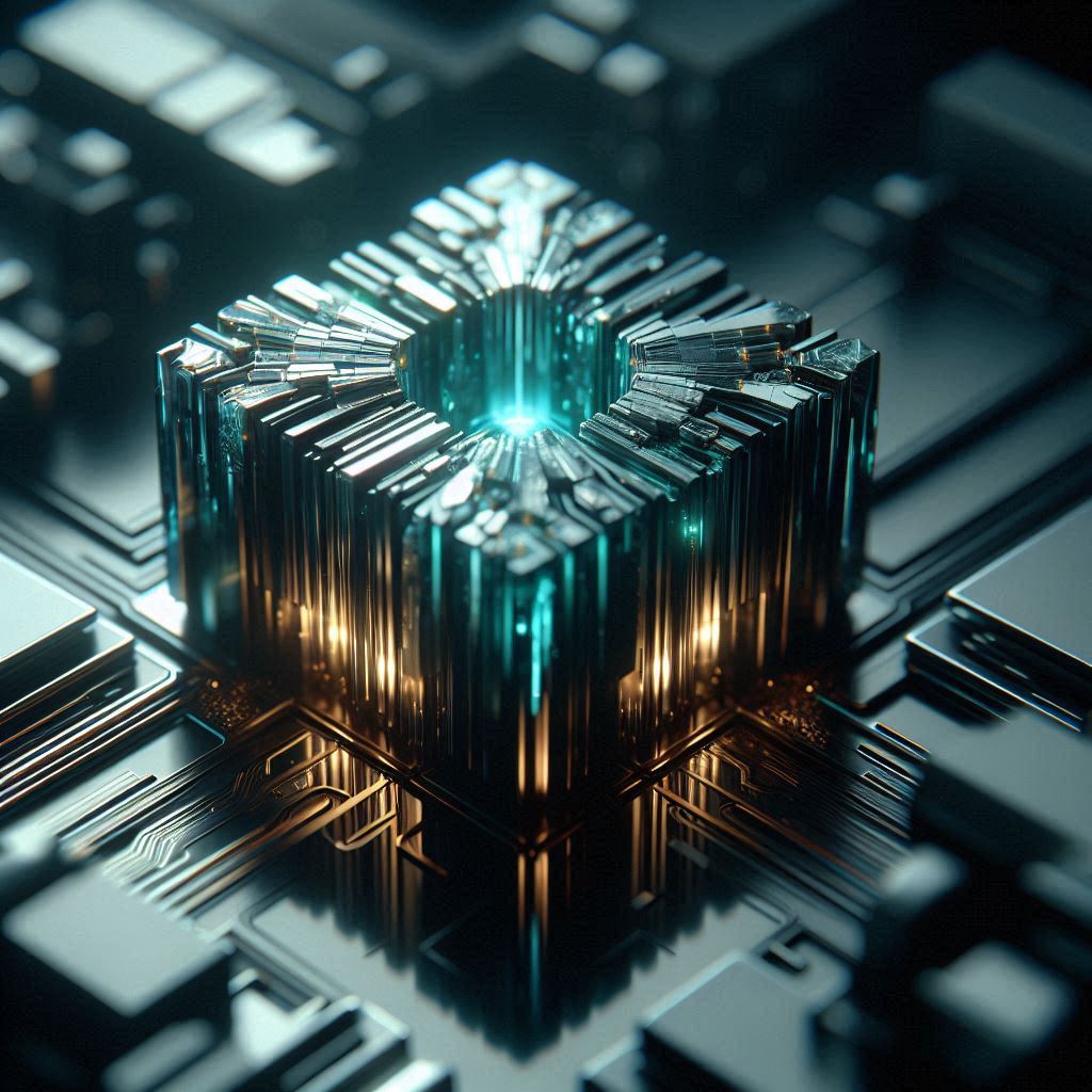 A fragmented crystalline memory core glowing with warning yellow and cyan lights in a dark environment.