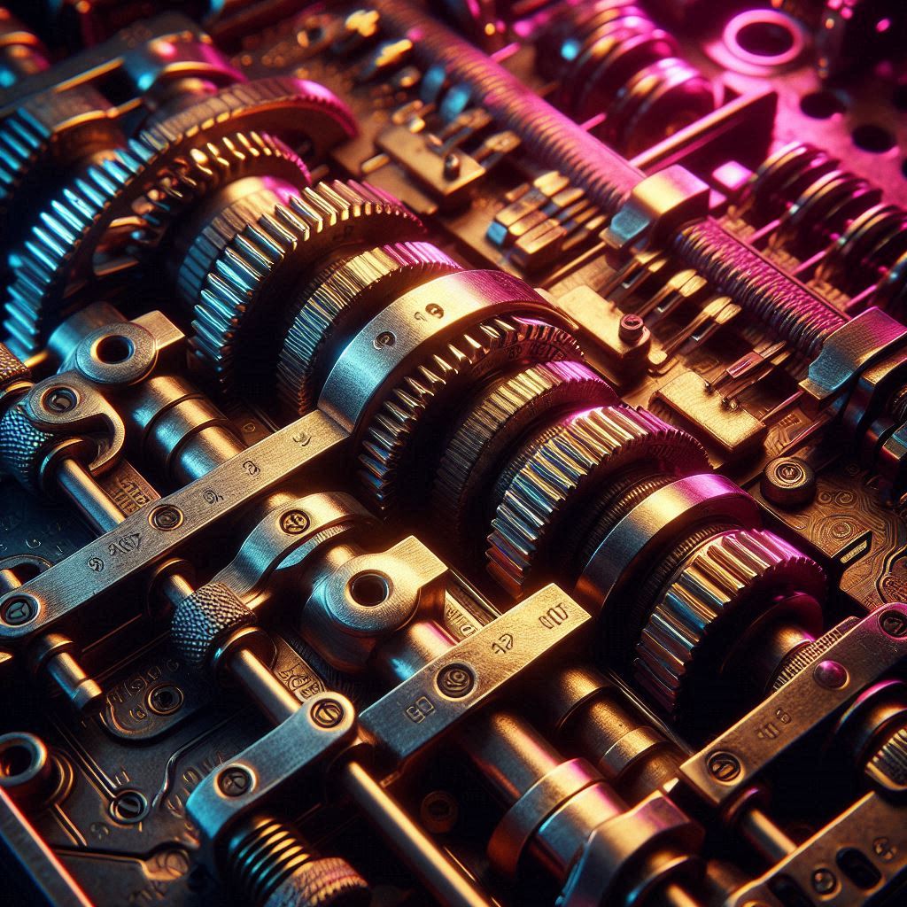 intricate brass cipher machine gears illuminated by neon pink and blue lights