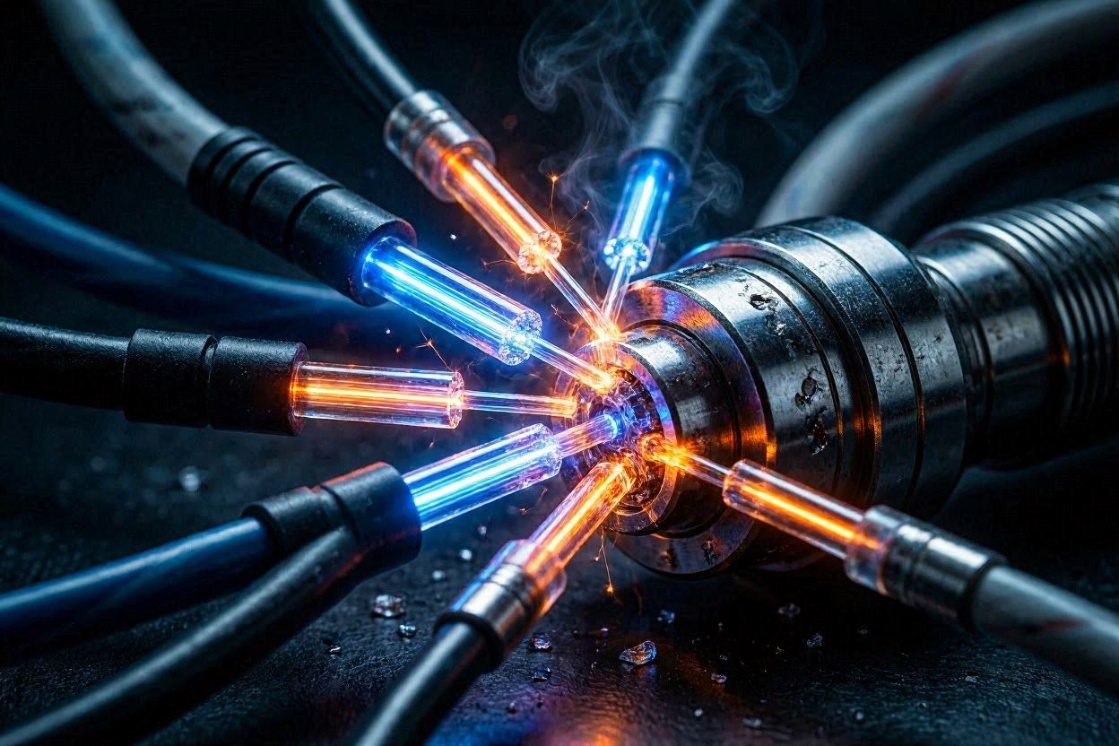 Glowing fiber optic cables merging data streams