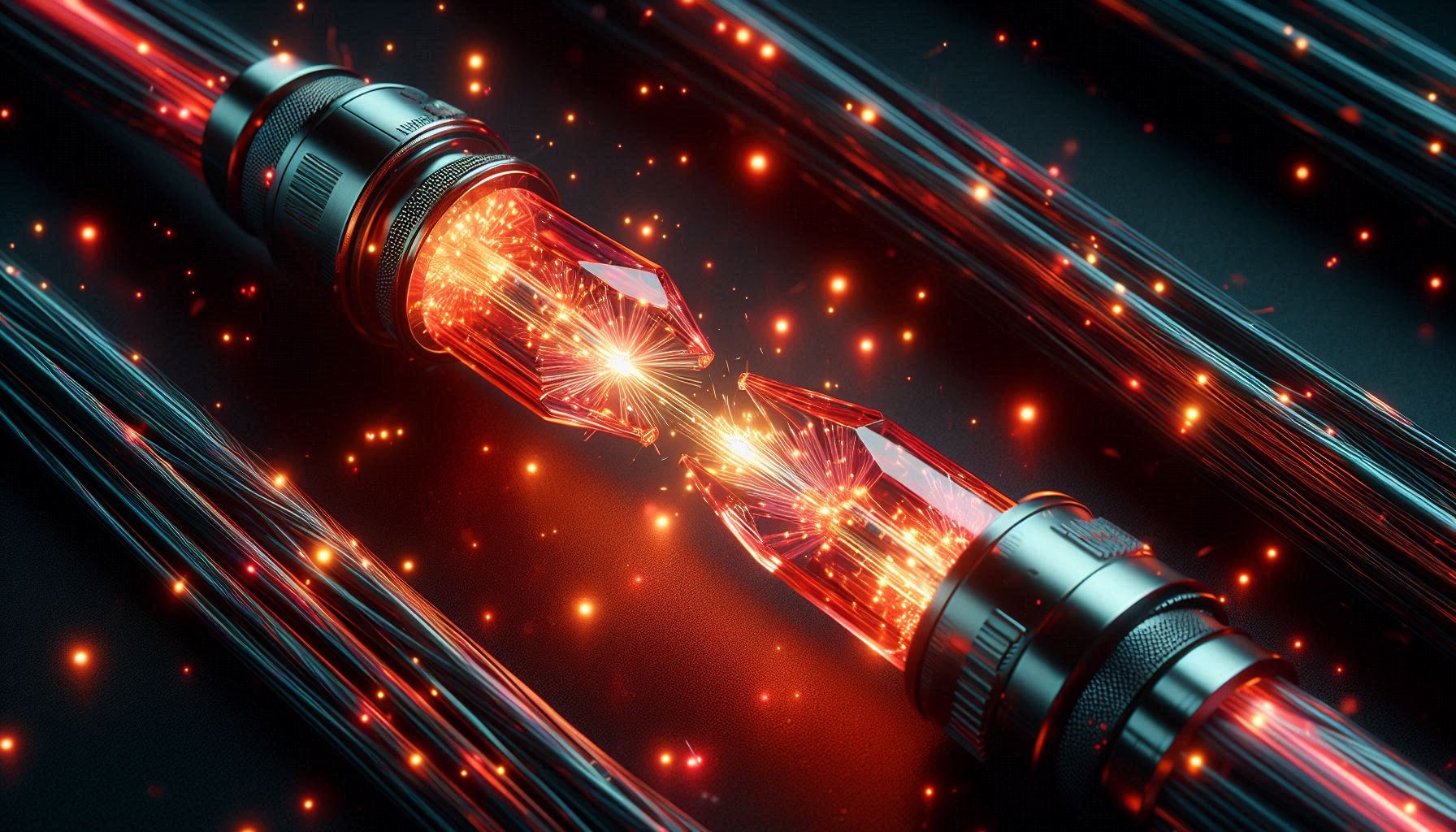 Glowing optical fiber cables failing to connect due to size mismatch emitting red sparks