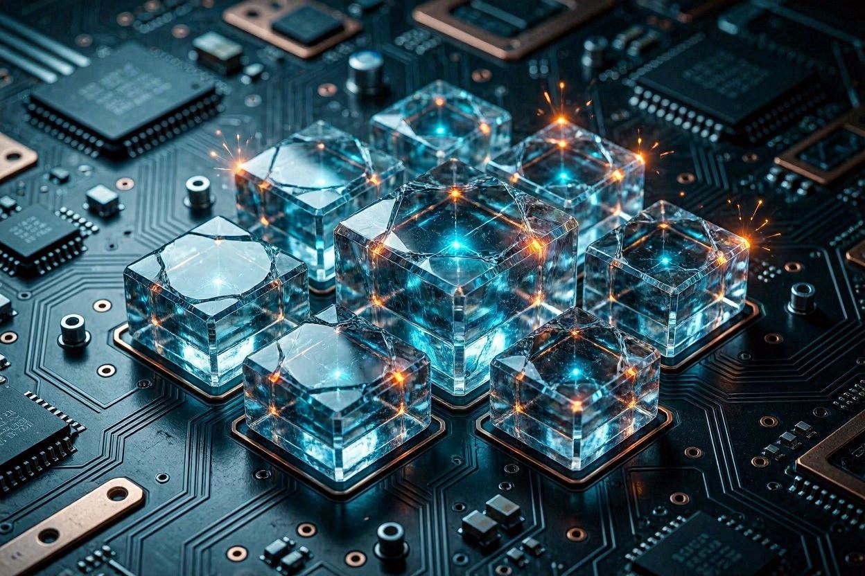 Glowing mismatched data blocks failing to align on a cybernetic motherboard representing tensor size errors.