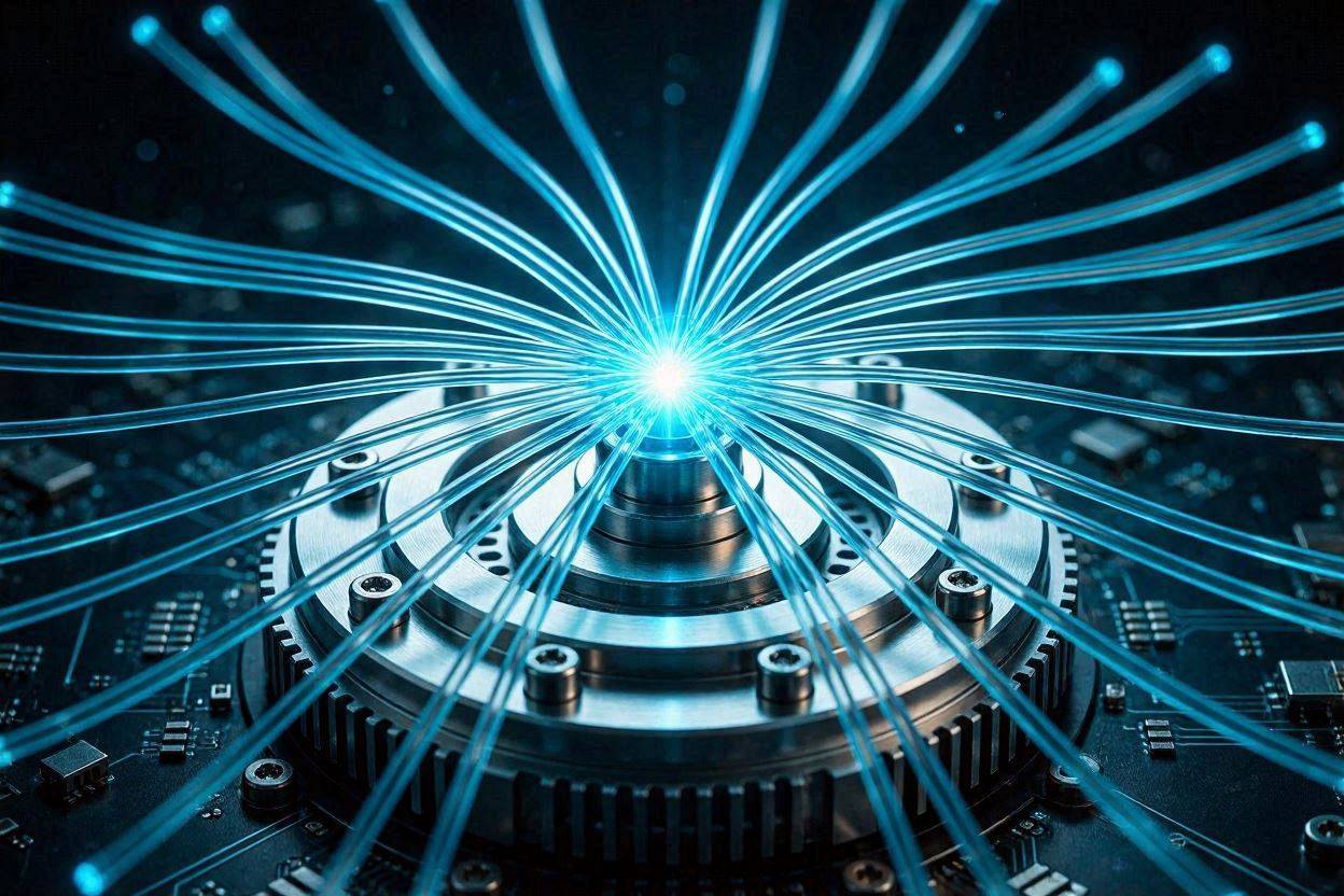 A cinematic macro shot of a glowing cyan optical fiber smoothly converging into a single concentrated brilliant point of light, symbolizing the reduction of multiple data points into a single scalar value.