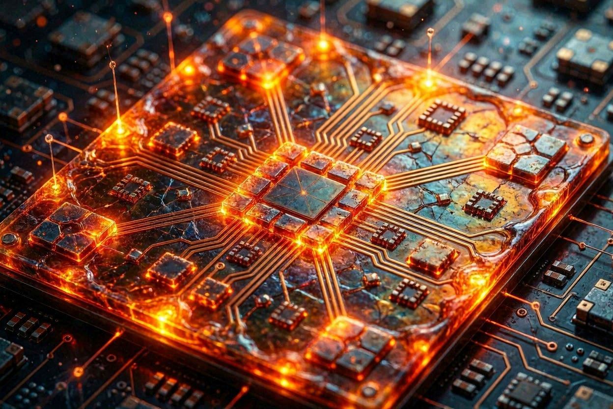 A highly detailed macro shot of a silicon microchip overheating and breaking apart under massive computational load in a dark cinematic environment.