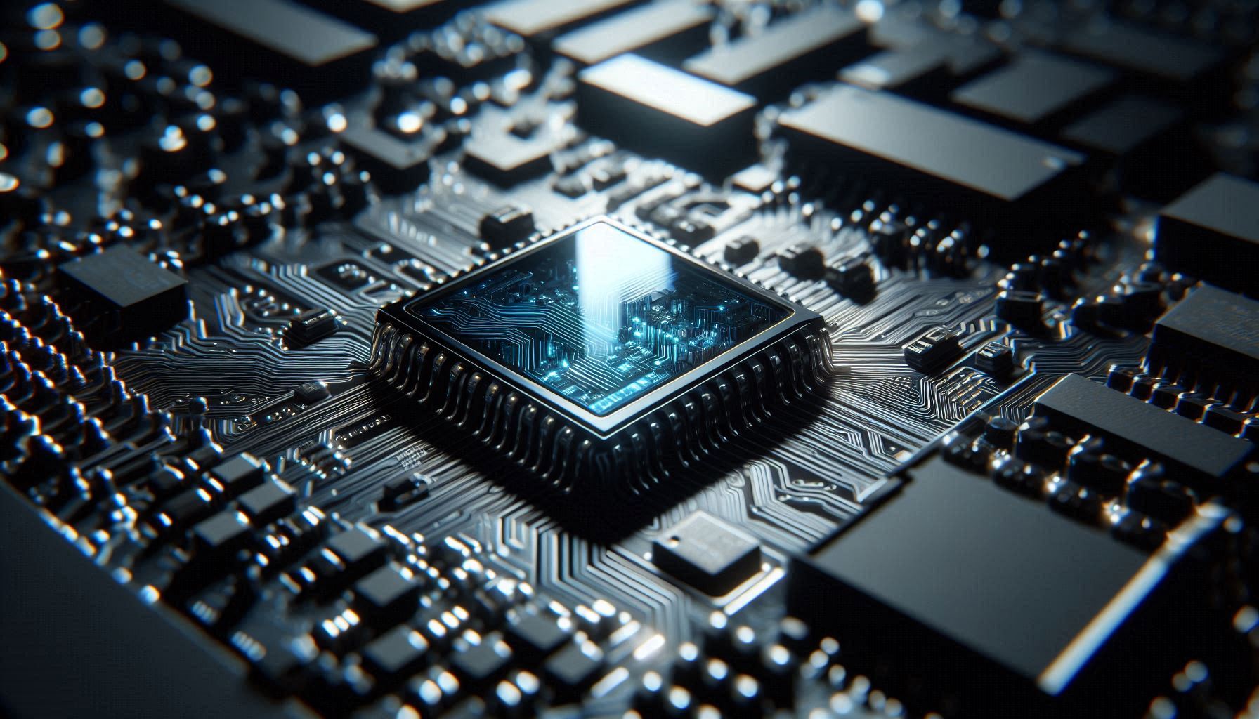 A close up macro shot of a glowing microchip with broken neon blue data threads on a dark motherboard
