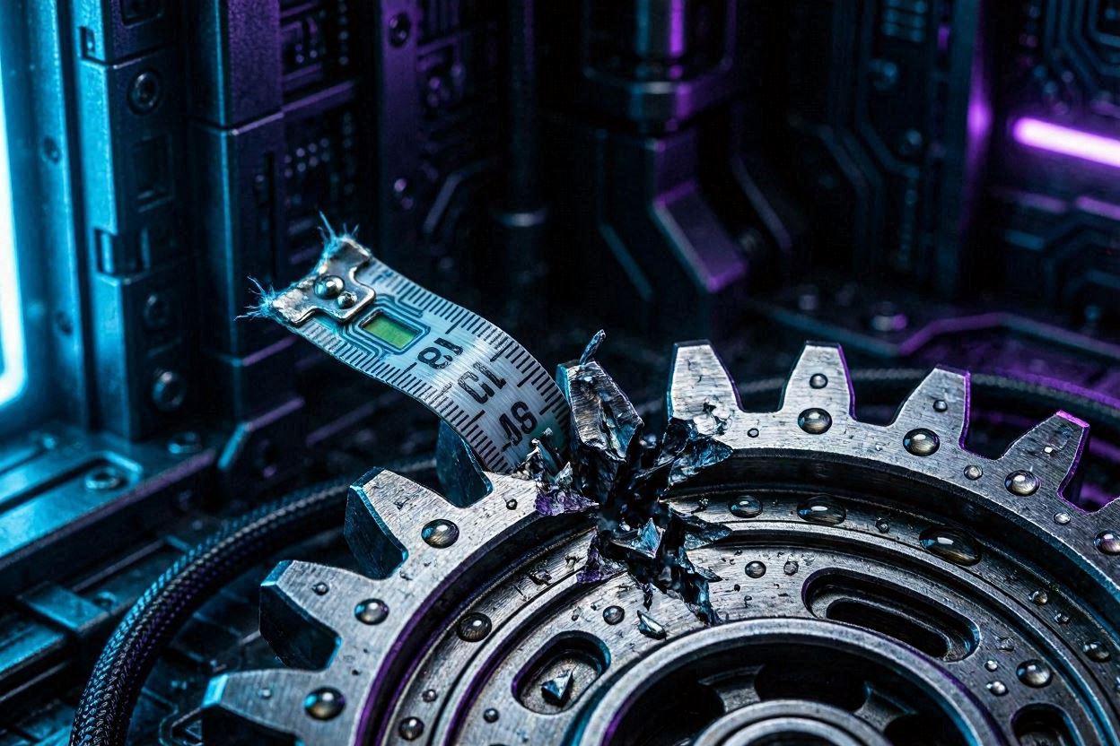 A glowing metallic gear mechanism snapping under tension, representing a rotary position embedding configuration failure in local LLM environments.