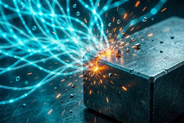 Abstract macro shot of glowing data streams colliding with a rigid metal block representing a uint8 tensor datatype mismatch