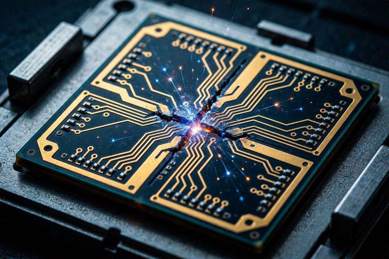 Ultra detailed macro shot of a disconnected silicon microchip emitting erratic sparks representing compilation failure.