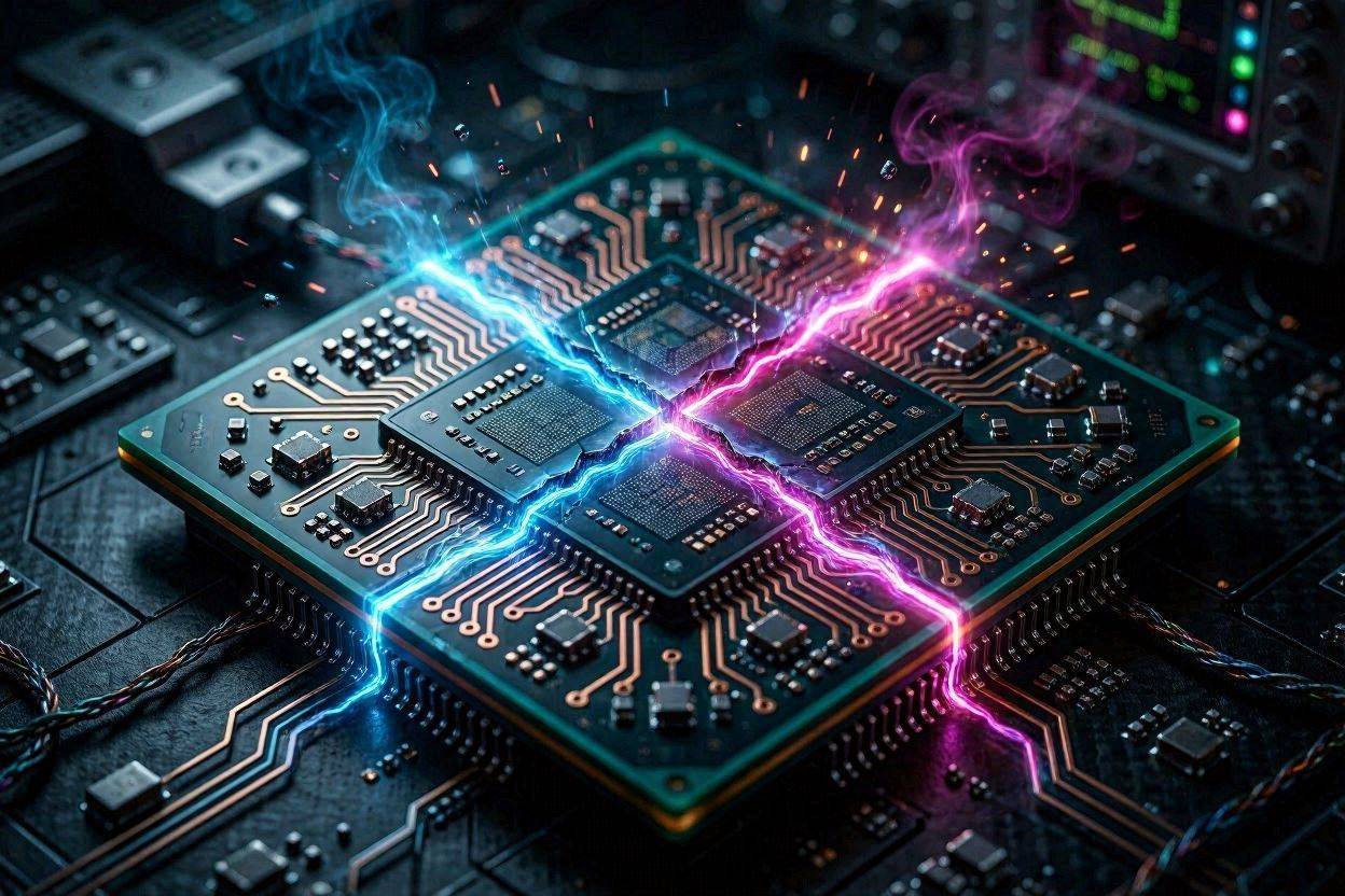 A glowing silicon processor splitting into conflicting energy streams, representing a single active CUDA context error.