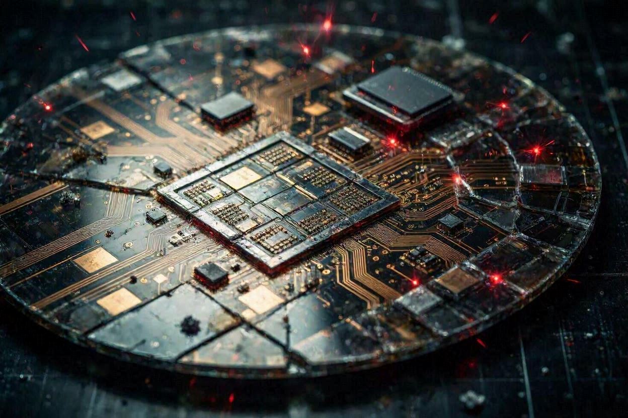 Glowing red sparks emitting from a shattered silicon processor chip indicating a critical backend execution failure.