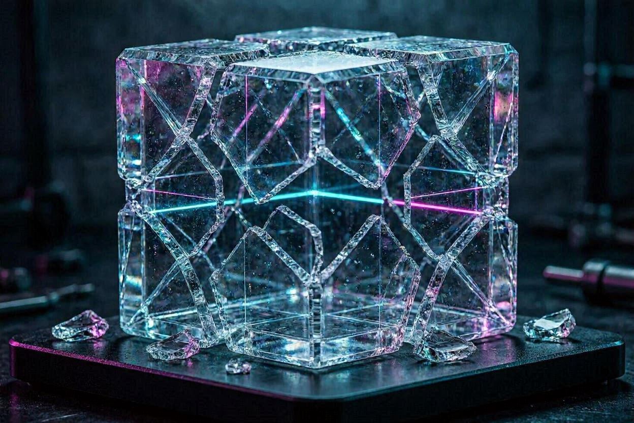 A shattered glass cube with misaligned internal laser grid patterns representing fragmented and non-contiguous memory layouts in a neural network.