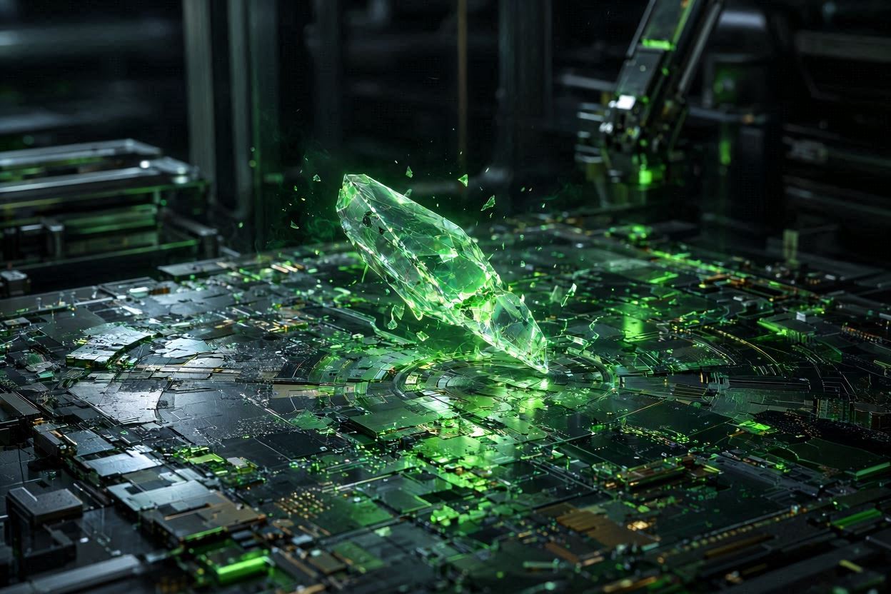 A shattered glowing green data pointer over a damaged silicon wafer illustrating an invalid device pointer memory error.