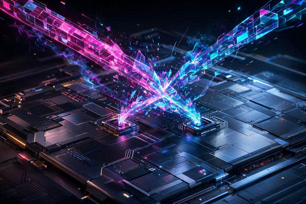 A holographic representation of two incompatible data matrices clashing due to size mismatches inside a neural processor.