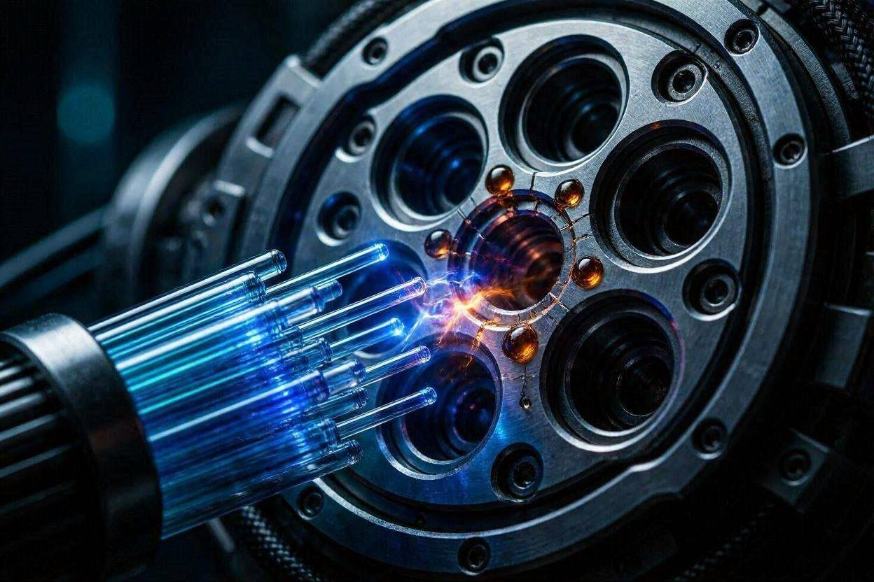 A macro view of an advanced fiber optic matrix failing to geometrically align with a central processor core, causing a fractured plasma spark.