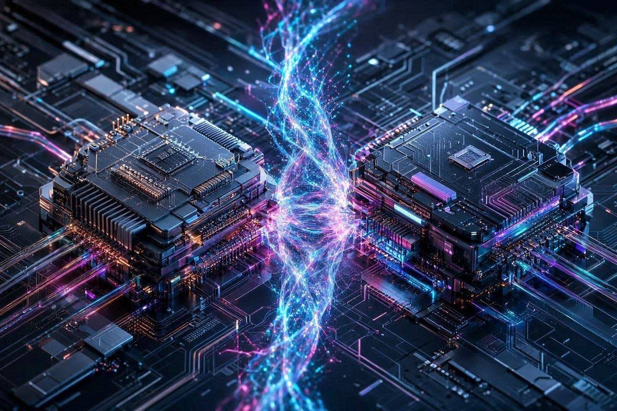 A macro shot of two incompatible digital neural network cores repelling each other with neon sparks, representing a quantized LoRA adapter merge failure in a local LLM environment.
