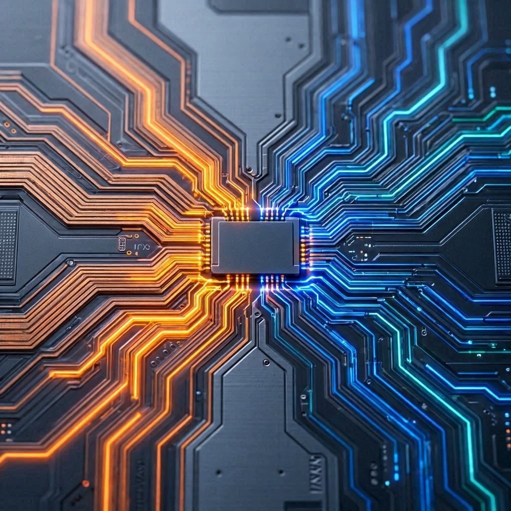 An abstract representation of floating point and half precision data streams colliding within a neural processor.