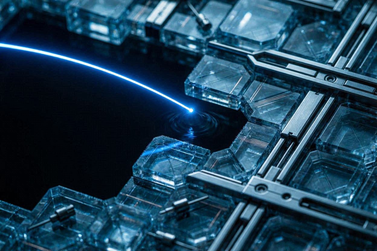 A glowing blue fiber optic laser missing its target slot in a futuristic glass data matrix, representing an out of bounds index error in an embedding layer.