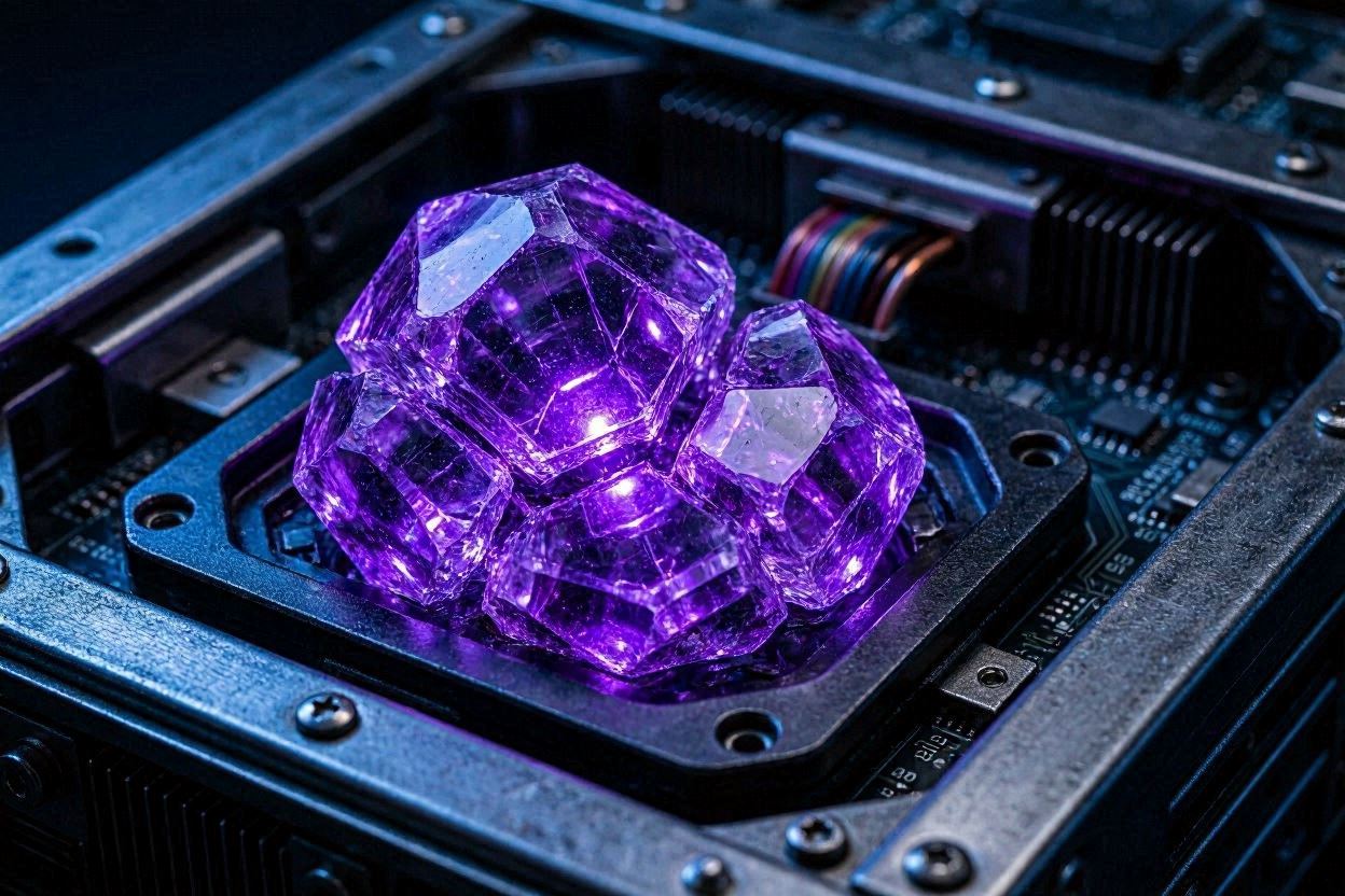 A fragmented glowing data crystal representing non-contiguous memory blocks in a system.